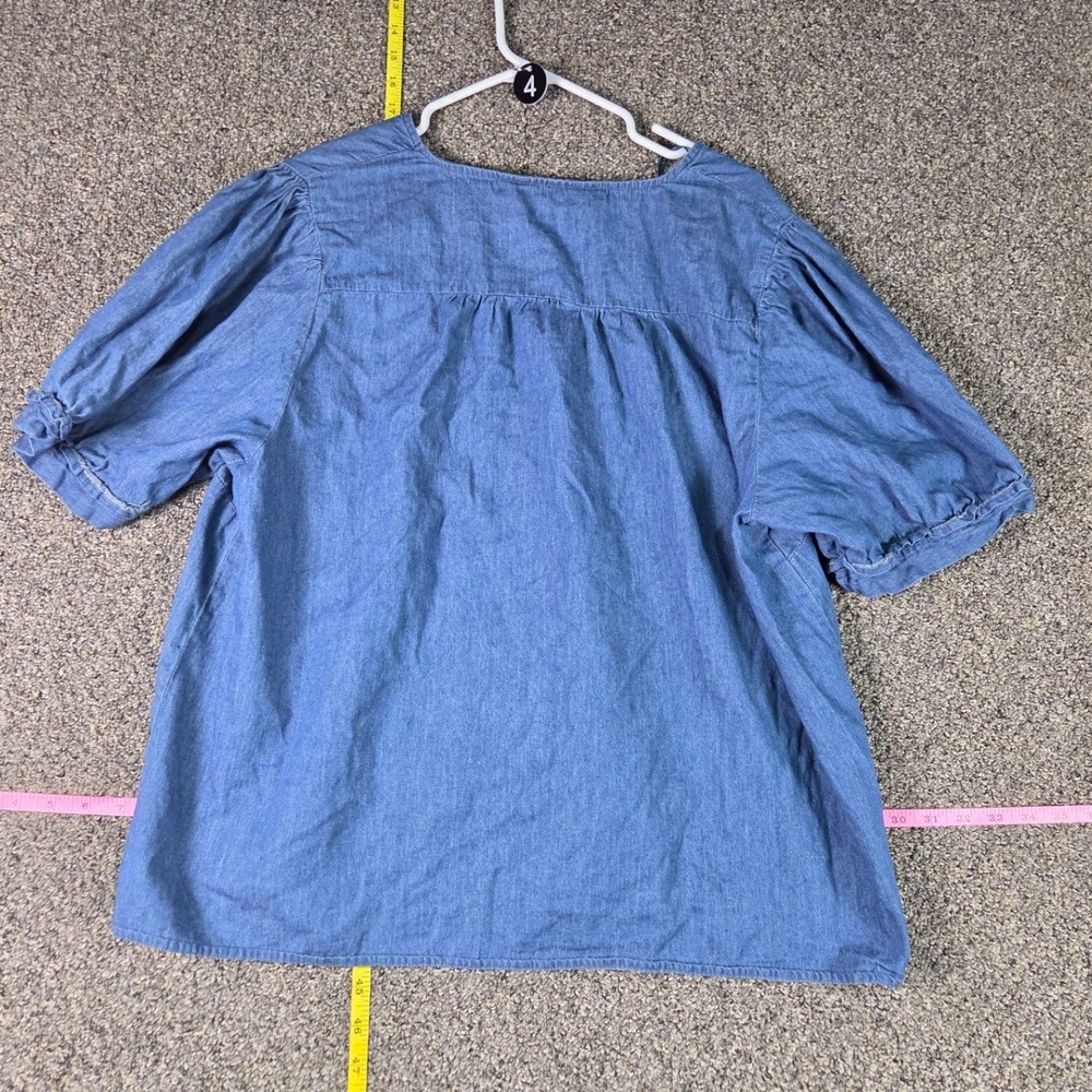 Draper James Blouse Womens XXL Blue Chambray Puff Sleeve V-Neck High-Low Top - Picture 2 of 3